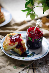 Fried mozzarella sandwich blueberry  jam.