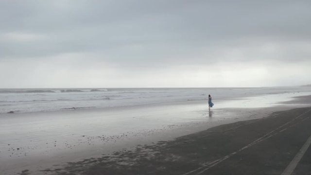 Aerial view of girl wandering along empty beach dreaming and thinking