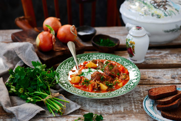rassolnik ,traditional russian soup with pickles.style rustic