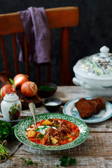 rassolnik ,traditional russian soup with pickles.style rustic