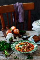 rassolnik ,traditional russian soup with pickles.style rustic