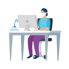 young woman using face mask in workplace vector illustration design