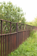 Rusty metal fence in the forest. Green trees behind the fence