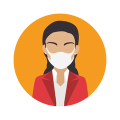 business woman using face mask in frame circular vector illustration design