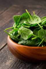 Close-up view of Spinach leafs in Wooden Bowl on wooden background