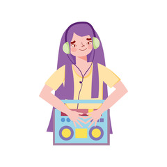 girl listening music with headphones connected at boombox stereo