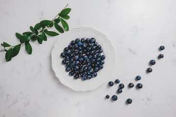 Fototapeta na wymiar Fresh juicy blueberries in a white plate with green leaves on a white background. Flat lay