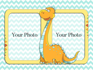 Cute funny childish cartoon boy girl birthday dinosaur orange kind colorful double photo frame on blue chevron background