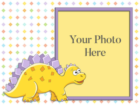 Cute funny childish cartoon boy girl birthday dinosaur yellow lilac photo frame