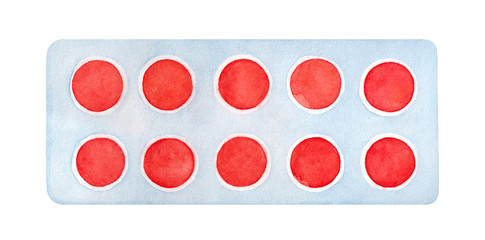 Water color illustration of plastic blister pack with round red medical tablets. One single object, top view. Hand painted watercolour sketchy drawing on white, cutout clip art element for design.