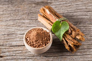 bark and powder of medicinal plant cat's claw, uncaria tomentosa