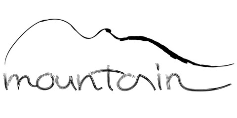 Mountain sign vector drawing, minimalist silhouette of mountains and lettering, can be element of logo design or ads design for ski resort, hiking, climbing touristic business