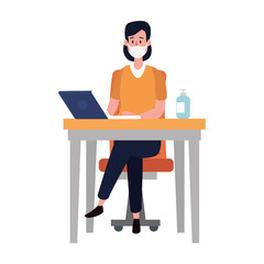 young woman using face mask in workplace vector illustration design