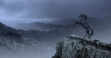 Animation featuring a black horse running to the edge of a rocky cliff and rearing up, with a misty, mountainous landscape in the background.