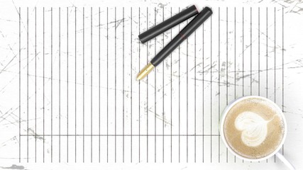 3d rendering of scratch paper with pen and coffee on it