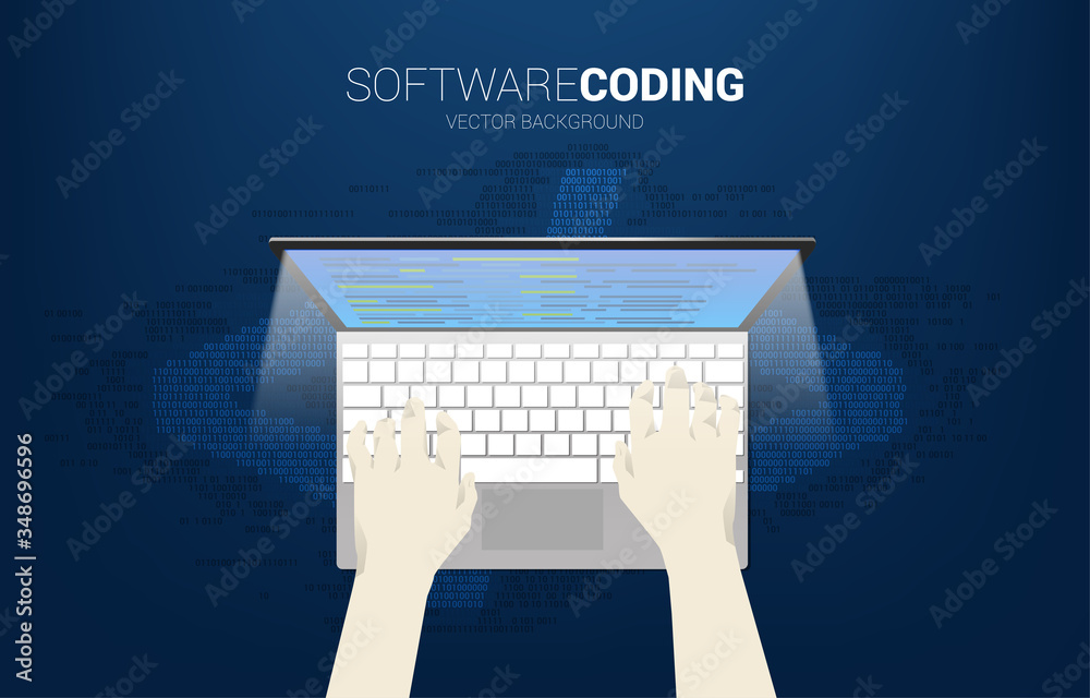 Fototapete Businessman hand click on computer notebook and background tag with one and zero digit matrix style. Concept for computer coding and programming.