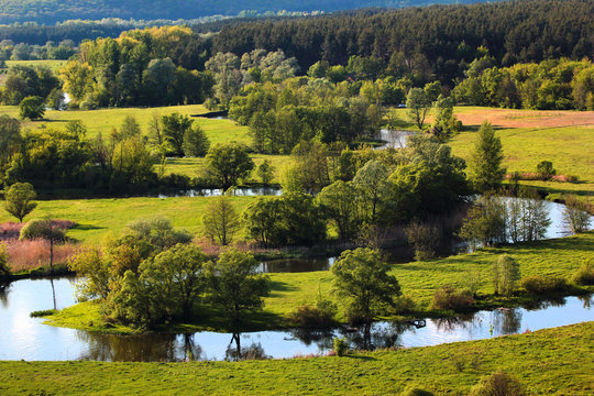 Meanders of Seversky Donets river near Vovchansk, Eastern Ukraine. Beautiful springtime landscape.