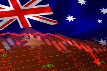Australian Flag and Economic Downturn With Stock Exchange Market Indicators in Red