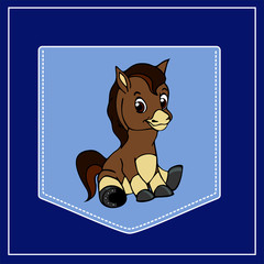 Foal in cartoon style. Pocket for print. Vector template for design T-shirts. Fashion graphic for apparel. Character image foal for children