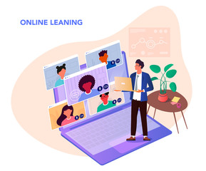 Illustrations flat design concept online education, video conferences, work from home, online meeting.
