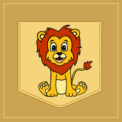 Lion in cartoon style. Pocket for print. Vector template for design T-shirts. Fashion graphic for apparel. Character image lion for children