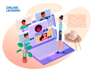 Illustrations flat design concept online education, video conferences, work from home, online meeting.