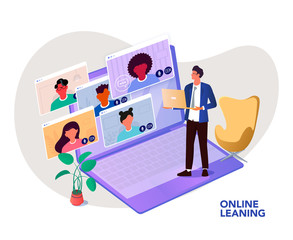 Illustrations flat design concept online education, video conferences, work from home, online meeting.