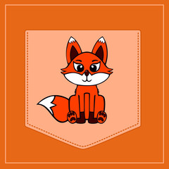 Fox in cartoon style. Pocket for print. Vector template for design T-shirts. Fashion graphic for apparel. Character image fox for children