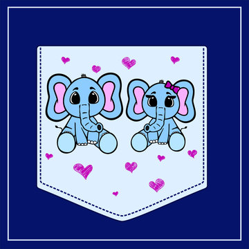 Elephants in cartoon style. Pocket for print. Vector template for design T-shirts. Fashion graphic for apparel. Character image elephant for children