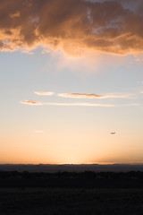 An airplane flying close to the ground during a sunset. 