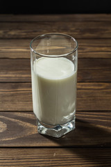 a full glass of milk is on the table.