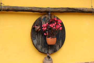 Vase hanging on the yellow and rustic wall