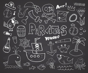 Pirate Doodles Set. Cute pirate items sketch collection. Hand drawn Cartoon Vector illustration on chalkboard background