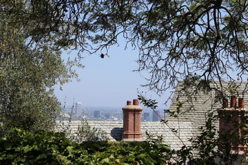 Brick chimney in a vintage house behind trees with  a blue sky and a city as background