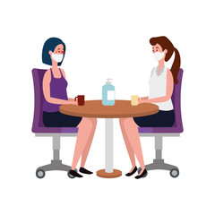 women using face mask meeting in wooden table vector illustration design