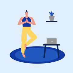 Man in blue top and yellow trousers standing in yoga position at home in front of the laptop. Online exercises or workout