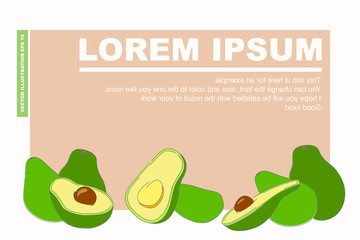 Vector illustration of an avocado cut in half. Simple flat style with outline, pastel colors. With copy space for design, blogging, decorative elements.