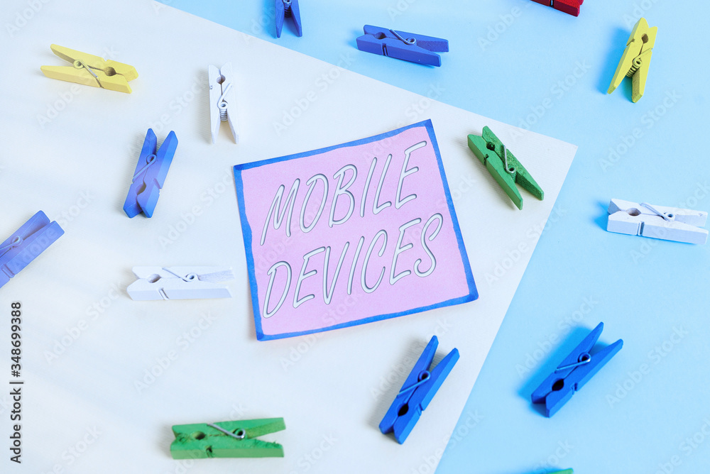 Poster conceptual hand writing showing mobile devices. concept meaning a portable computing device like sma