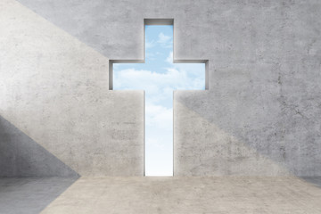 symbol of religious cross as passage to heaven through wall