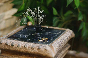 Wedding rings in a water fountain with a fresh feeling.