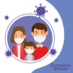 parents with son using face mask and particles 2019 ncov vector illustration design