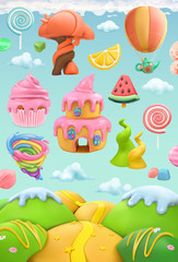 Sweet candy land. 3d vector object set. Plasticine art illustration