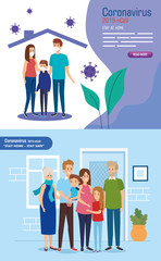 set scenes of stay at home campaign with families vector illustration design