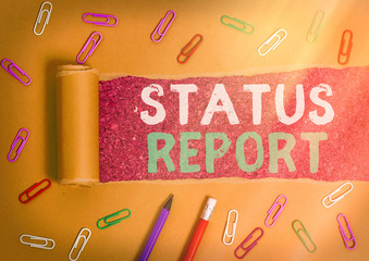 Word writing text Status Report. Business photo showcasing Update Summary of situations as of a...
