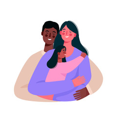 Happy multiracial family. African american father, mother and daughter together. Good parenting. Care, trust and support between parents and children.Vector illustration in flat cartoon style.