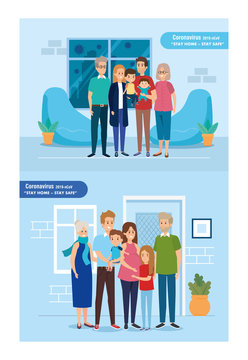 Set Scenes Of Stay At Home Campaign With Families Vector Illustration Design