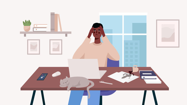Man working at her desk with laptop. Home office. A lot of work, overworked, stress,deadline,emotional burnout. Freelance or studying concept. Remote worker. Cute illustration in flat cartoon style.