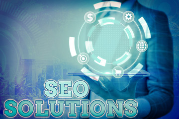 Text sign showing Seo Solutions. Business photo showcasing Search Engine Result Page Increase...
