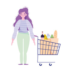 woman characters with shopping cart and bag food supermarket