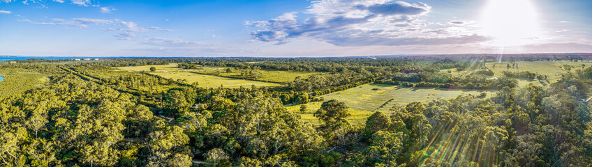 Fototapeta na wymiar Scenic landscape of agricultural land and native trees on Mornington Peninsula, Victoria, Australia